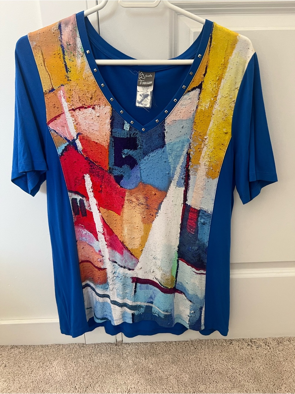 Simply Art, Dolcezza Blue Abstract V-Neck Tee with Stud Trim